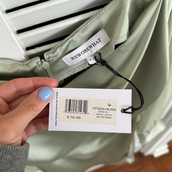 WeWoreWhat Puff Sleeve Cowl Dress - Fog Green Size 6 - Picture 4 of 4